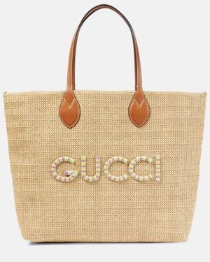 Gucci Medium Logo Raffia-Effect Tote Bag - Natural