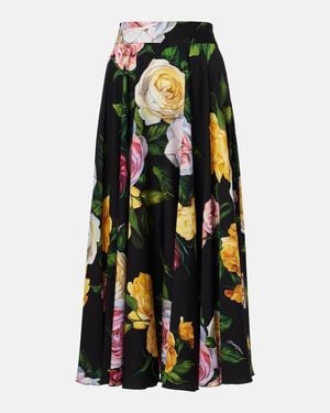 Dolce & Gabbana Peony And Rose- Charmeuse Calf-Length Circle Skirt - Black