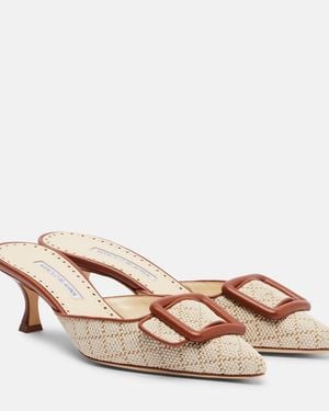 Manolo Blahnik Maysale Leather-Trimmed Mules - Natural
