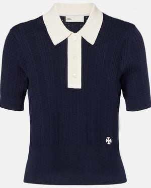 Tory Burch Cotton Pointelle Polo Shirt - Blue