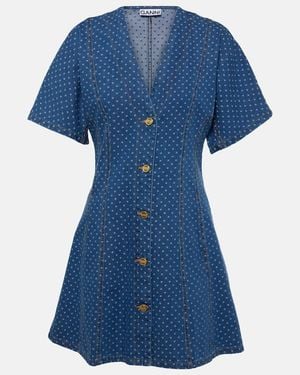 Ganni Polka-Dot Denim Minidress - Blue