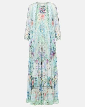 CAMILLA Embellished Tiered Printed Silk-Crepon Maxi Dress - Blue