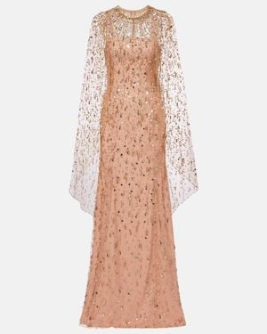 Jenny Packham Hestia Embellished Caped Gown - Natural