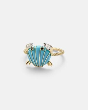 Yvonne Léon Ring Crabe Coquillage Aus 9Kt Gelbgold Mit Diamanten Und Tuerkis - Blau