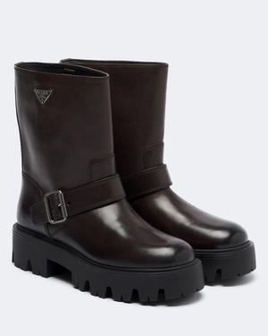 Prada Stride Leather Biker Boots - Black