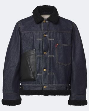 Sacai Leather-Trimmed Denim Jacket - Blue