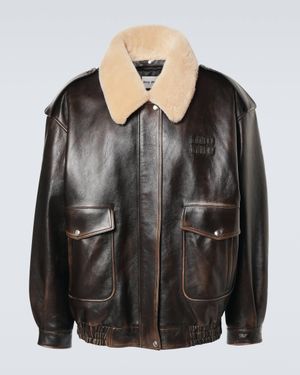 Miu Miu Shearling-Trimmed Leather Bomber Jacket - Black