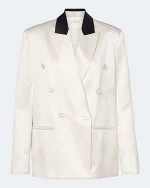 The Sei Double-Breasted Silk Satin Blazer - White