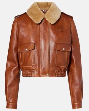 Miu Miu Shearling-Trimmed Leather Jacket - Brown