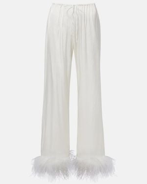 Oséree Pantalones Anchos De Novia De Saten Con Plumas - Blanco