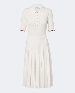 Thom Browne Ribbed-Knit Pointelle Cotton Polo Dress - White