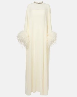 Roland Mouret Feather-Trimmed Caped Silk Chiffon Gown - White