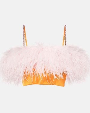 Self-Portrait Feather-Trimmed Satin Crop Top - Pink