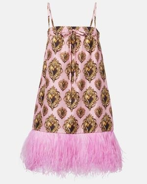 Dolce & Gabbana Feather-Trimmed Printed Silk Minidress - Pink