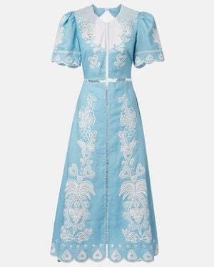 FARM Rio Embroidered Open-Back Linen Midi Dress - Blue