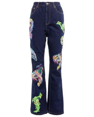 Area Embroidered Feather Back-Slit Jeans - Blue