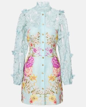 CAMILLA Embellished Lace-Trimmed Linen And Silk Minidress - Blue