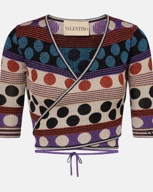 Valentino Polka-Dot Jacquard Lame Wrap Top - Blue