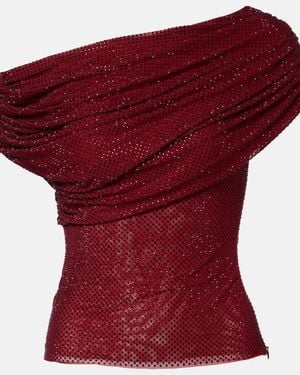 Self-Portrait Draped Embellished Mesh Top - Red