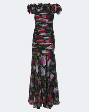 Carolina Herrera Floral-Applique Floral Draped Silk Gown - Black
