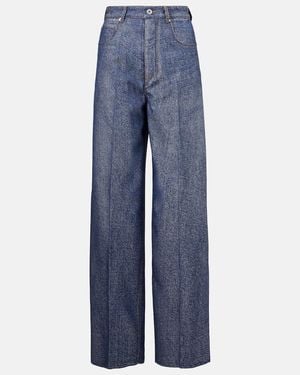 Bottega Veneta Trompe L'Oil Wool And Cotton Wide-Leg Trousers - Blue