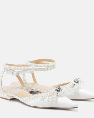 Mach & Mach Double Bow Embellished Satin Ballet Flats - White