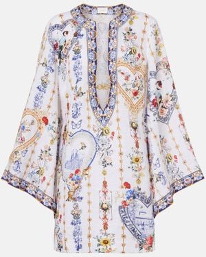 CAMILLA Bedruckter Kaftan Aus Leinen - Weiß