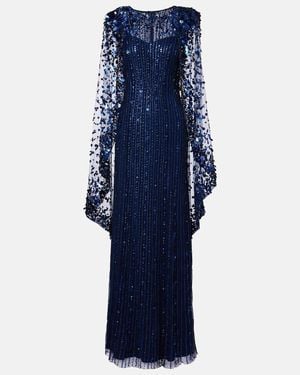 Jenny Packham Caped Embellished Gown - Blue