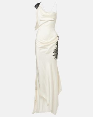 Victoria Beckham Floral-Applique Draped Satin Crepe Gown - White