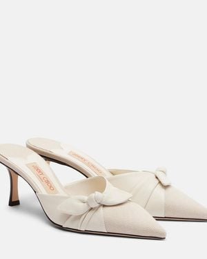 Jimmy Choo Livi Bow-Detail Leather-Trimmed Canvas Mules - White