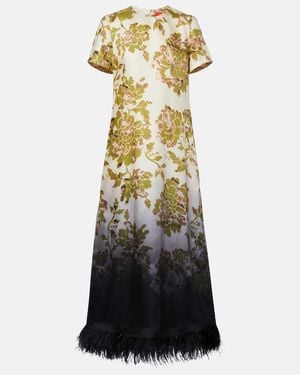 La DoubleJ Swing Feather-Trimmed Floral Silk Twill Maxi Dress - Metallic