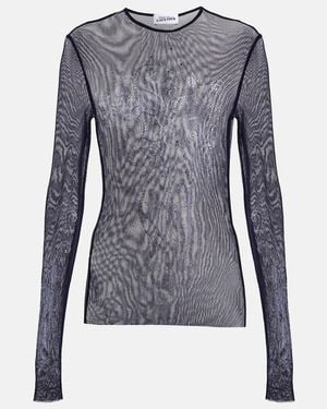 Jean Paul Gaultier Crystal-Embellished Printed Mesh Top - Blue