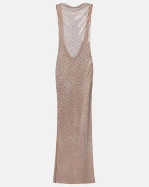 Self-Portrait Rhinestone Draped Open-Back Maxi Dress - Metallic