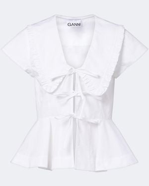 Ganni Bow-Detail Peplum Cotton Poplin Blouse - White