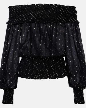 Self-Portrait Shirred Metallic-Effect Off-Shoulder Top - Black