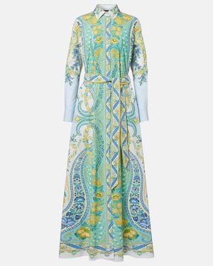 Etro Belted Floral Cotton Shirt Dress - Green