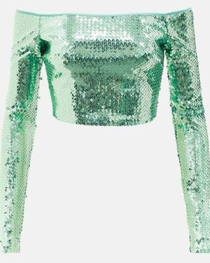 David Koma Sequined Off-Shoulder Crop Top - Green