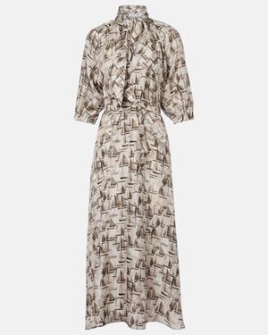 Max Mara Printed Tie-Neck Silk Twill Midi Dress - White
