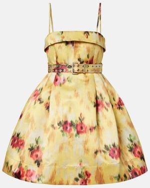Ganni Pleated Printed Satin Minidress - Yellow