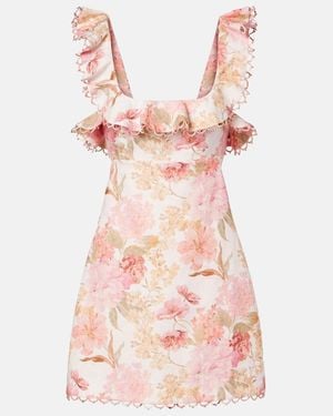 Zimmermann Como Floral Ruffled Linen Minidress - Pink