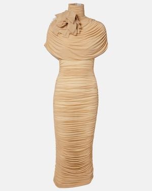 Magda Butrym Floral-Applique Ruched Caped Jersey Midi Dress - Natural