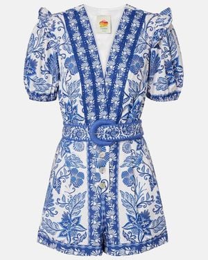 FARM Rio Printed Belted Cotton Romper - Blue