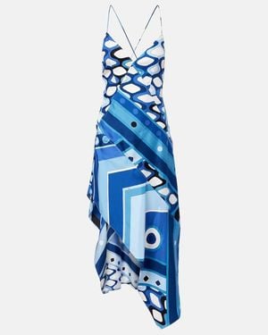 PUCCI Vivara Asymmetric Silk Satin Midi Dress - Blue