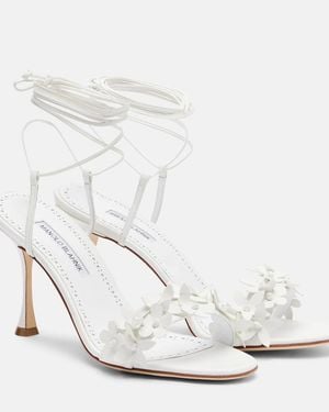 Manolo Blahnik Anista Floral-Applique Leather Sandals - White