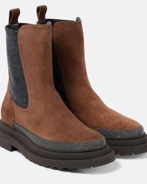Brunello Cucinelli Chelsea Boots Aus Veloursleder Mit Monili-Perlen - Braun