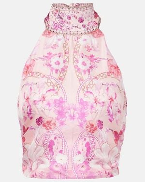 CAMILLA Floral Embellished Silk Halterneck Top - Pink