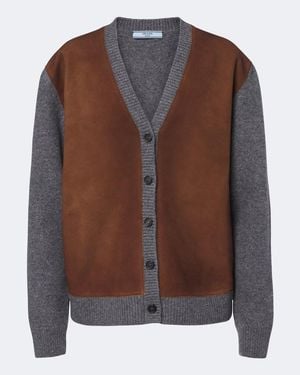 Prada Cardigan Aus Schurwolle Mit Veloursleder - Braun