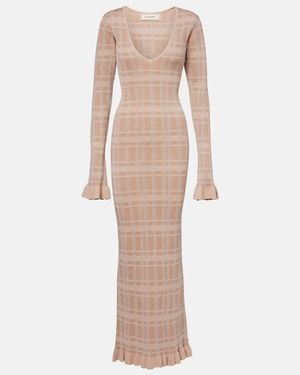 Bananhot Ether Checked Ribbed-Knit Ruffled Maxi Dress - Natural