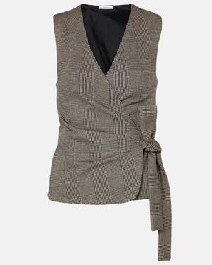 Max Mara Adige Houndstooth Wool-Blend Wrap Top - Grey