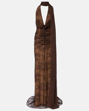 De La Vali Amora Scarf-Detail Ruched Lace Maxi Dress - Brown